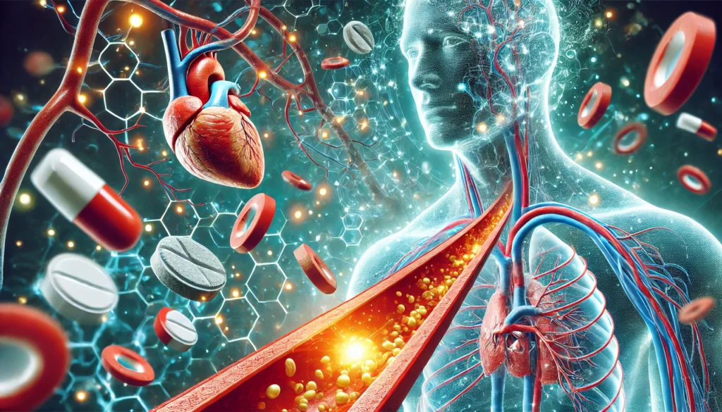 A detailed medical illustration of an artery with plaque buildup, showing statins and anticoagulants working to dissolve blockages with a glowing, futuristic healing effect.