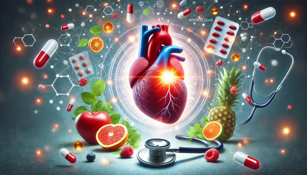 A glowing human heart surrounded by floating medication capsules, fresh fruits, and a stethoscope, representing a holistic approach to heart health and atherosclerosis prevention.