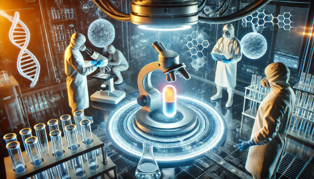 A futuristic laboratory with scientists in protective suits analyzing a glowing pill under a microscope, surrounded by advanced medical equipment, illustrating a major cancer research breakthrough.