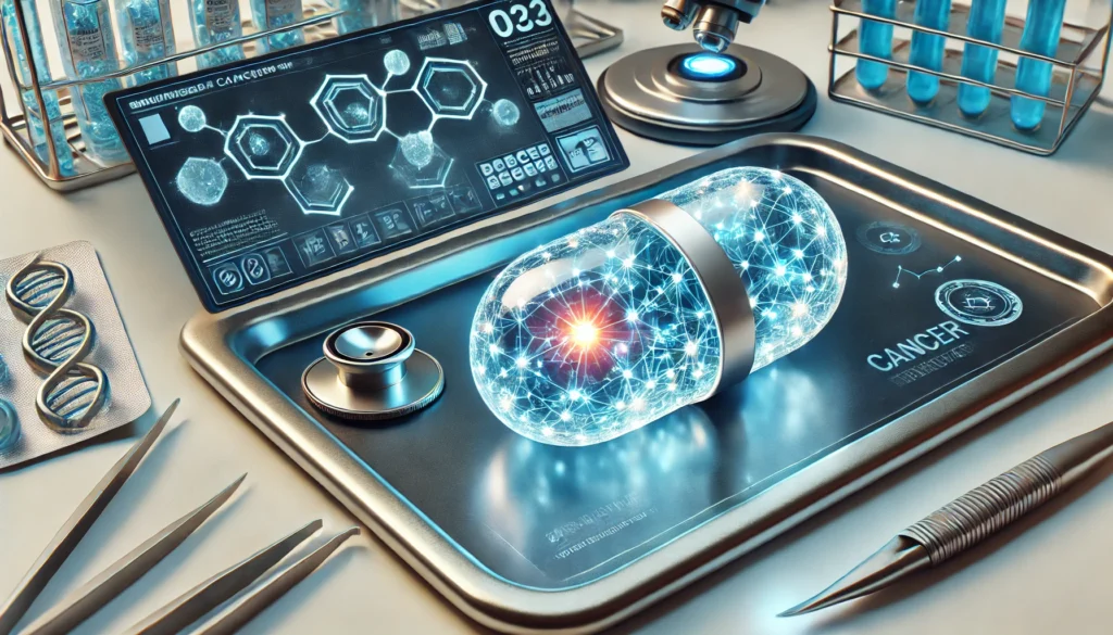 A close-up of a futuristic cancer-killing pill glowing with energy on a sterile medical tray, accompanied by high-tech medical tools and digital molecular diagrams.