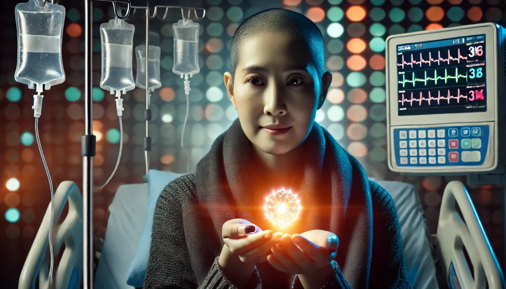 A dramatic hospital scene featuring a hopeful cancer patient holding a futuristic glowing pill, with medical monitors and IV drips in the background.
