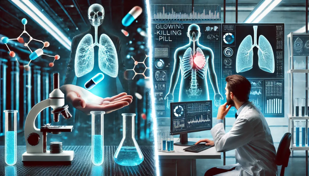 A split-screen concept showing a scientist in a high-tech lab developing a glowing cancer-killing pill on one side, and a skeptical researcher analyzing data on a screen on the other, questioning its effectiveness.