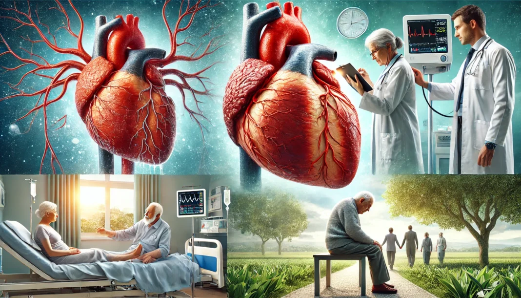 A realistic medical illustration of a human heart affected by congestive heart failure, showing fluid buildup and vein strain. The enlarged heart visually represents the physiological impact of the condition.