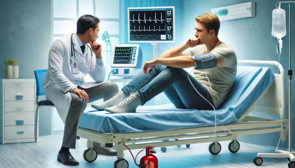 A fatigued patient experiencing shortness of breath sits on a hospital bed while a doctor examines them. Medical equipment, including an oxygen mask and heart monitor, highlights the symptoms of congestive heart failure.
