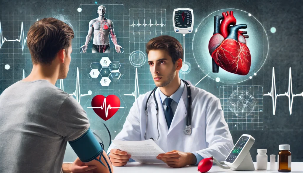 A doctor prescribes medication to a patient for congestive heart failure treatment. The background features ECG monitors and a blood pressure cuff, symbolizing modern medical care and management of the condition.