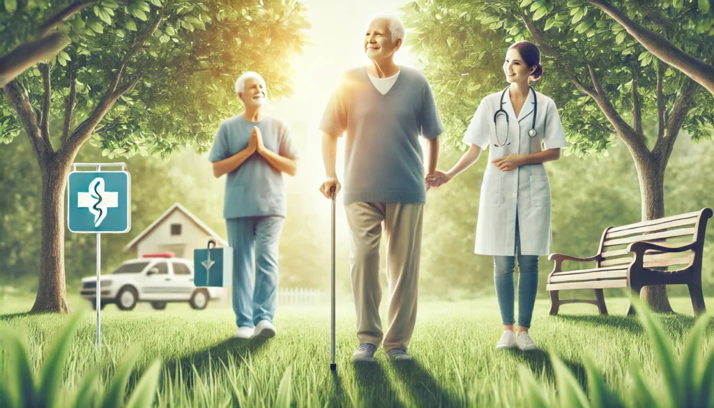 An elderly patient, appearing healthier, walks in a park with a supportive family member. The peaceful setting with trees and sunlight symbolizes recovery, well-being, and improved prognosis with proper treatment.
