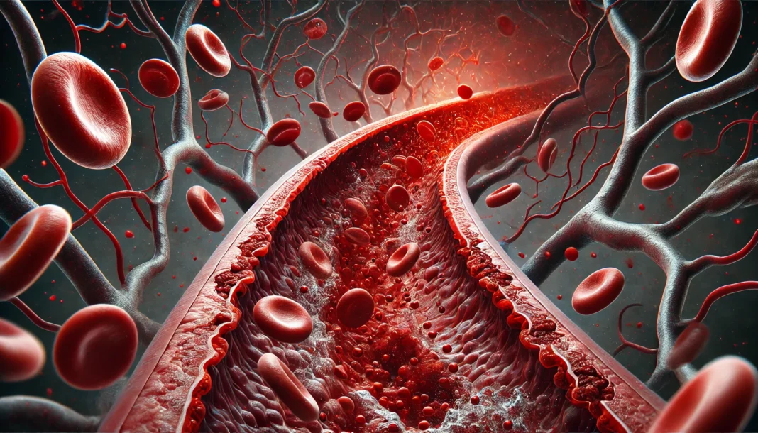 A close-up of an artery with excessive plaque buildup, restricting blood flow and contrasting a healthy artery.