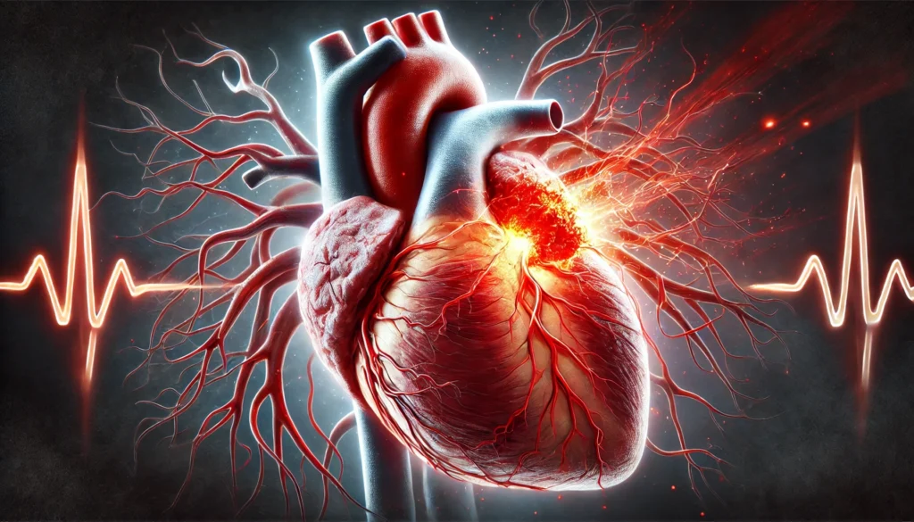 A dramatic depiction of a blocked coronary artery with a blood clot, highlighting the damaged heart muscle.