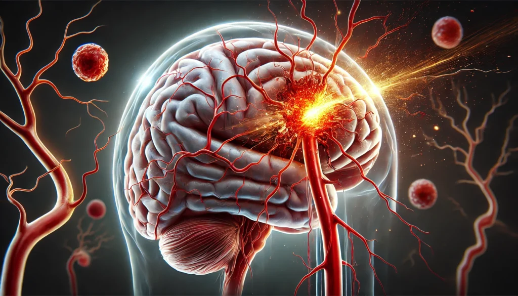 An educational visualization of stroke development in the brain, featuring both ischemic and hemorrhagic strokes.