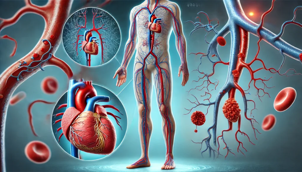A detailed medical illustration of the human circulatory system highlighting arteries and veins. The image contrasts healthy and diseased blood vessels, showing atherosclerosis and blood clots inside the arteries. Key areas affected by circulatory diseases, such as the heart, brain, and legs, are emphasized against a subtle medical-blue gradient background.