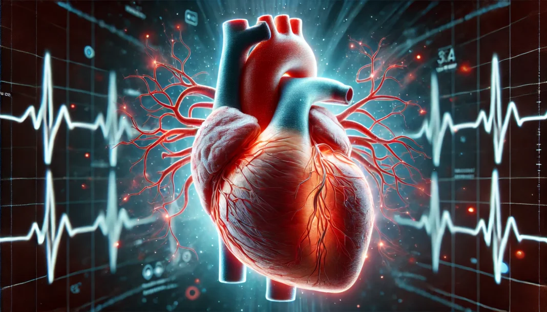 A highly detailed 3D-rendered image of a human heart, pulsating with lifelike textures and visible blood vessels, set against a dark medical background. The heart's anatomy is accurately represented, showcasing chambers and arteries.