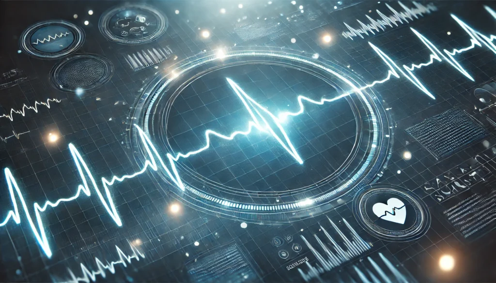 A futuristic digital depiction of a heartbeat waveform with a glowing electrocardiogram (ECG) line dynamically moving against a dark blue medical-themed background, symbolizing cardiac function.