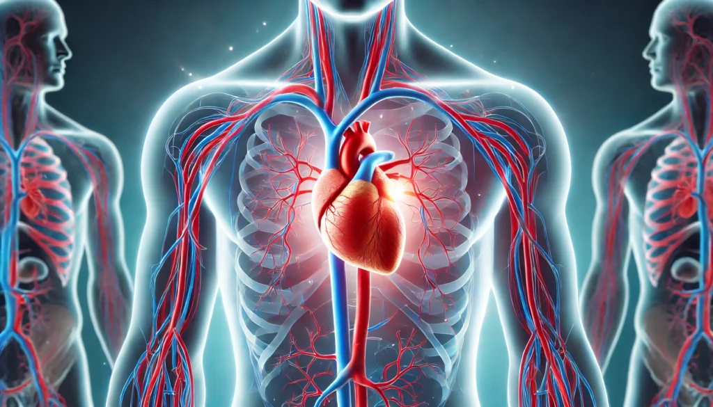 A medical illustration of the human cardiovascular system, with veins and arteries highlighted in red and blue. The heart, at the center, radiates a healthy glow, surrounded by a transparent silhouette of a human torso.