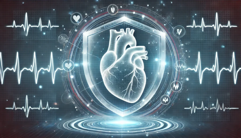 A conceptual representation of a healthy human heart enclosed in a transparent protective shield, symbolizing heart health. The heart glows softly, surrounded by abstract medical elements like pulse waves and digital health metrics.