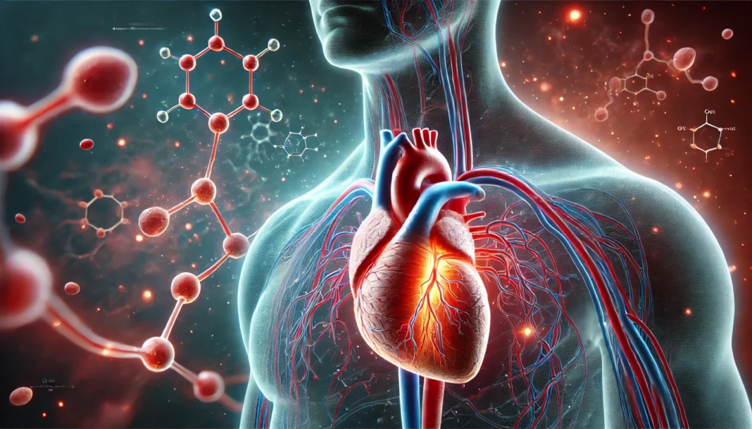 A realistic medical illustration of a human heart with glowing arteries and veins, highlighting blood circulation and subtle molecular structures representing cardiovascular drugs interacting with the bloodstream.