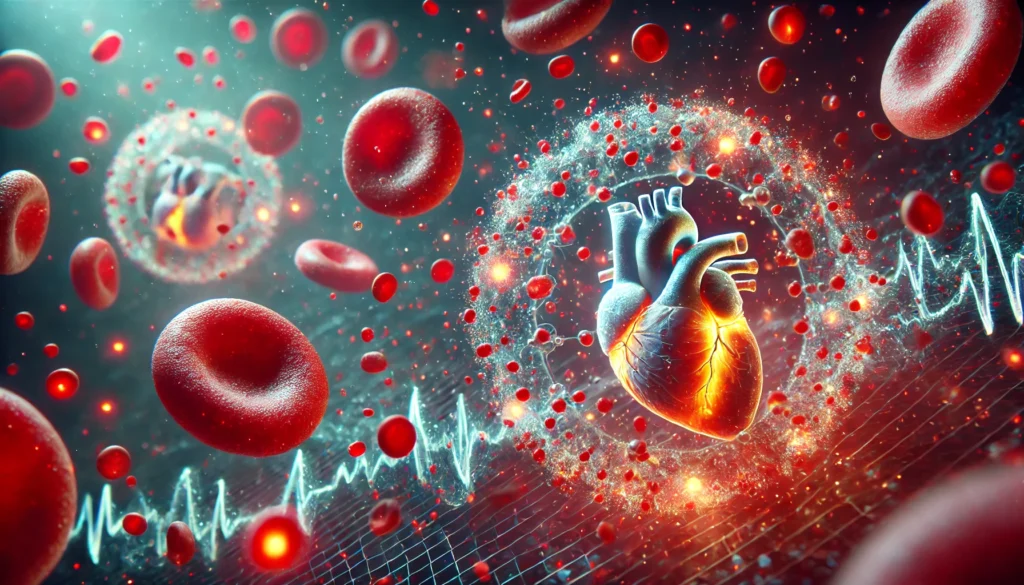 A futuristic 3D visualization of cardiovascular drugs dissolving into the bloodstream, shown as glowing particles interacting with red blood cells to demonstrate the microscopic action of heart medications.