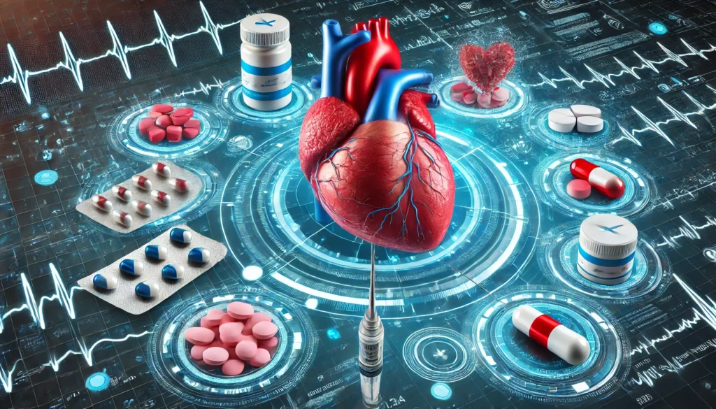 A high-tech medical illustration of a human heart surrounded by different cardiovascular drugs in pill, capsule, and injection form. The background features a digital representation of a heartbeat monitor and blood flow dynamics.