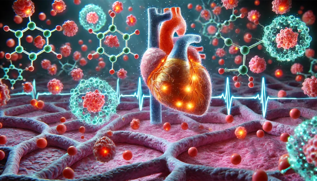 A scientific 3D-rendered visualization of cardiovascular drugs binding to heart cells, shown as glowing molecules interacting with receptors on heart tissue, representing how medications improve heart function at a molecular level.