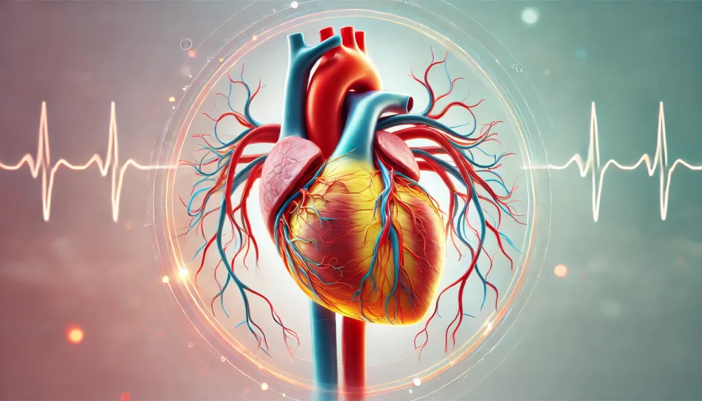 A cross-sectional medical illustration of a human heart, highlighting coronary arteries and detailed blood flow pathways, with color-coded representation for healthy circulation.