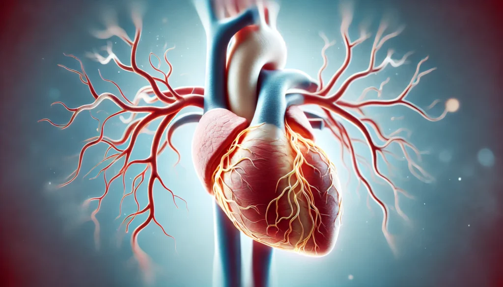 A high-resolution medical illustration depicting coronary arteries branching from the aorta, emphasizing their function in supplying oxygenated blood.