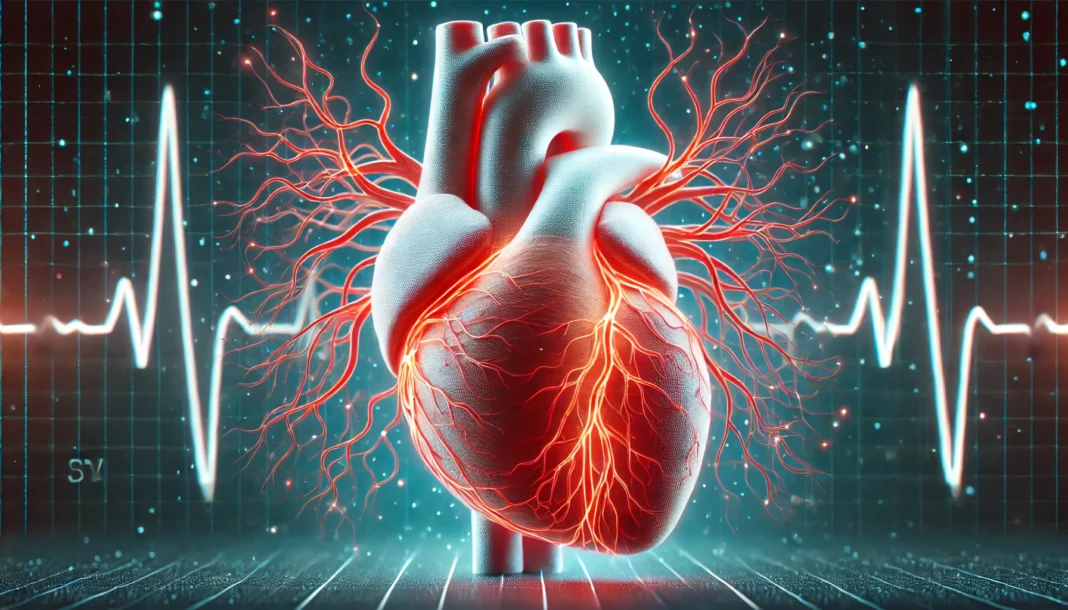 A realistic 3D-rendered human heart with coronary arteries highlighted in red, showcasing their intricate structure and vital role in heart health.