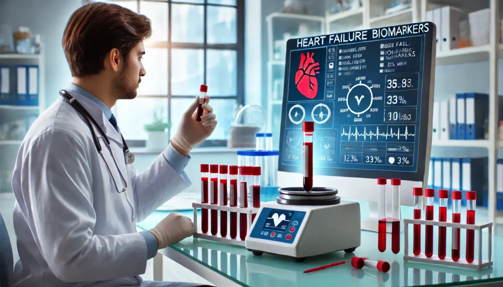 A laboratory scene with a medical professional analyzing blood samples for heart failure biomarkers, featuring test tubes, a centrifuge, and a monitor showing blood test results.