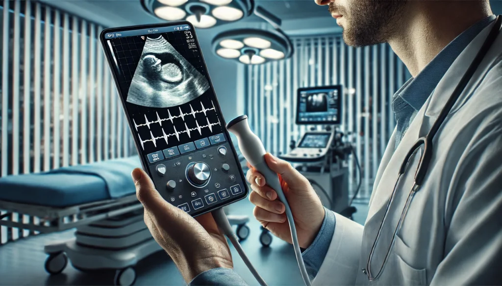 A doctor performing a bedside echocardiogram using a handheld ultrasound device on a patient, with a screen displaying a detailed real-time heart scan.