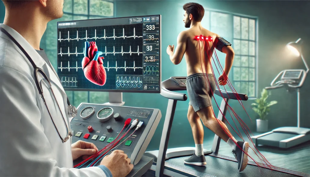 A doctor conducting a stress test with a patient running on a treadmill, connected to electrodes, with a screen displaying real-time ECG and heart rate data.