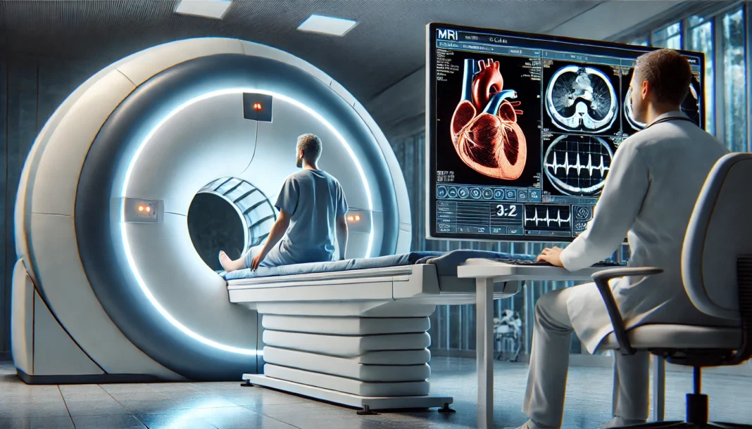 A patient undergoing a cardiac MRI inside an advanced imaging machine while a medical professional monitors heart function results on a nearby screen.