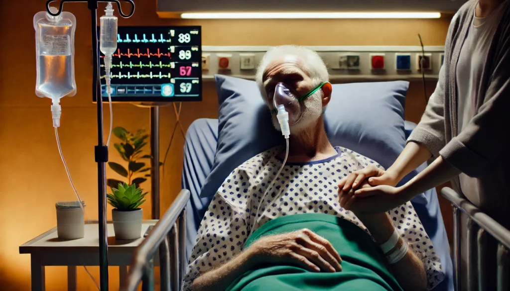 A frail elderly patient lies in a hospital bed, wearing an oxygen mask and appearing weak. A heart monitor displaying vital signs and an IV drip stand nearby, indicating critical health status. A caregiver holds the patient’s hand, offering comfort and emotional support in a dimly lit hospital room, symbolizing the challenges of end-stage congestive heart failure.