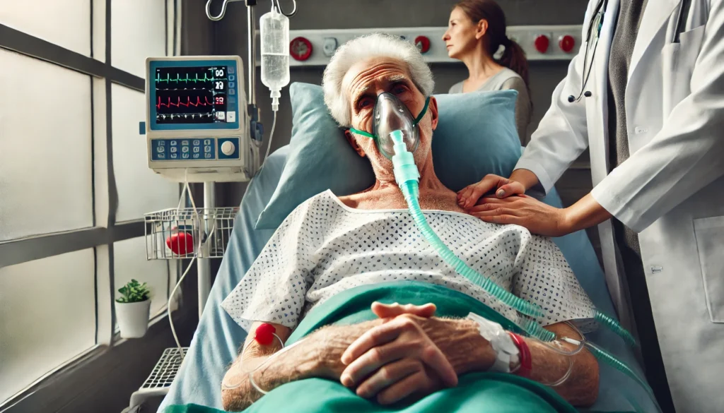 An elderly patient with frail features and swollen legs lies in a hospital bed, wearing an oxygen mask. A heart monitor displaying fluctuating vitals and an IV drip stand nearby, indicating critical health status. A doctor gently places a hand on the patient’s chest, while a concerned family member stands in the background, reflecting the emotional and medical challenges of end-stage congestive heart failure.