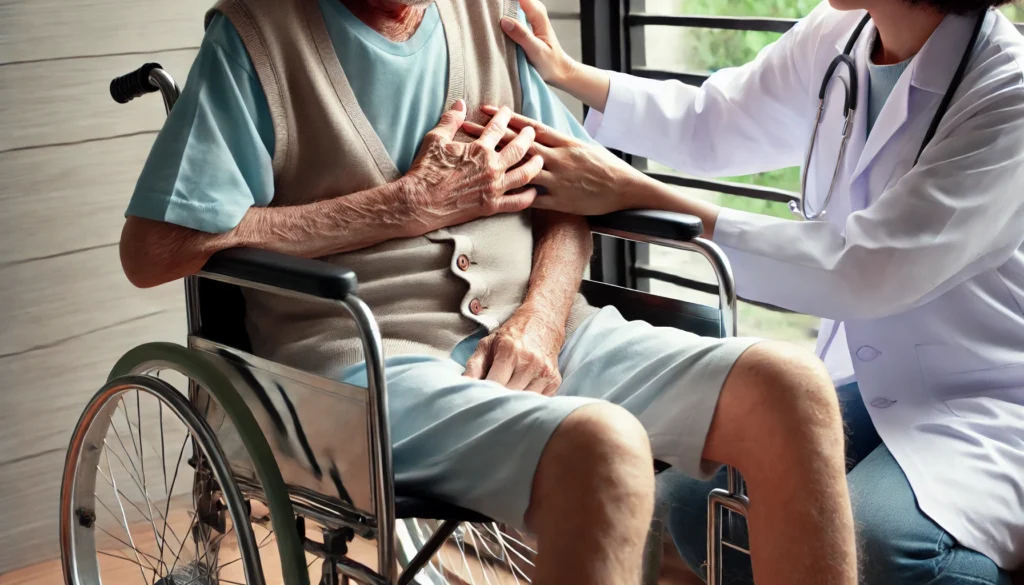 An elderly patient sits in a wheelchair near a window, clutching their chest with frail hands, showing signs of discomfort. A doctor in a white coat gently places a hand on the patient’s arm, offering medical support and reassurance. The patient's pale skin and weak posture highlight the struggles of end-stage congestive heart failure.