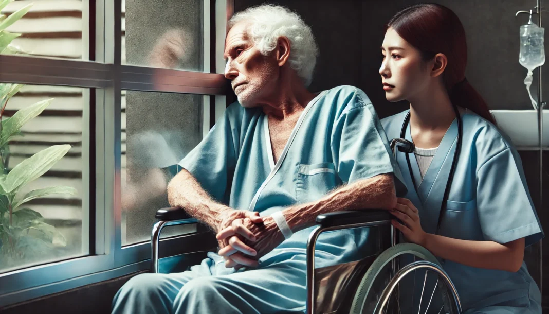 An elderly patient sits in a wheelchair near a window, gazing outside with a tired expression. Their skin is pale, and their legs appear swollen, indicating advanced heart failure. A caregiver gently rests a hand on their shoulder, symbolizing emotional and physical struggles in end-stage congestive heart failure.