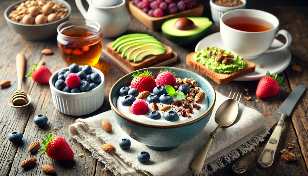 A healthy breakfast featuring Greek yogurt with berries, whole-grain toast with avocado, and herbal tea on a cozy morning table.