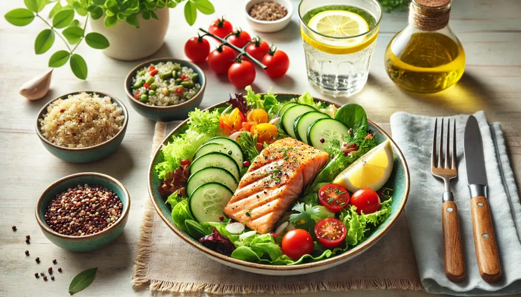 A nutritious lunch with grilled salmon, mixed greens salad, quinoa, and lemon water, set in a bright dining space.