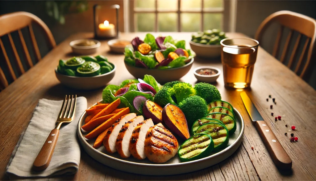 A wholesome dinner of grilled chicken, roasted sweet potatoes, steamed broccoli, and a green salad, creating a warm, healthy eating ambiance.