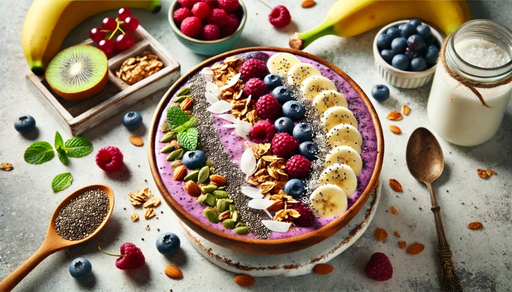 A vibrant smoothie bowl with mixed berries, banana, and almond milk, topped with granola, chia seeds, and coconut flakes, set on a bright kitchen counter with fresh fruit, representing a balanced 1400-calorie diet.