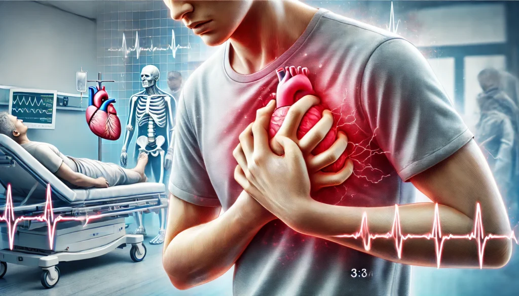 A detailed illustration of a person gripping their chest in distress, experiencing chest pain, shortness of breath, and swelling. A faint hospital emergency room is visible in the background, reinforcing the seriousness of the condition.