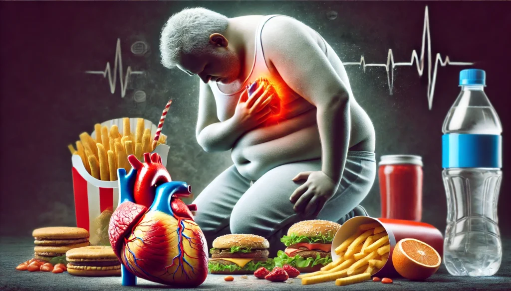 A realistic depiction of an overweight individual struggling with heart-related discomfort, representing obesity as a key risk factor. The background highlights unhealthy lifestyle choices such as junk food and lack of exercise.