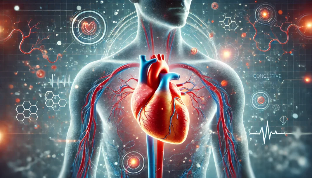 A medical illustration of a human heart showing signs of congestion and fluid buildup, symbolizing congestive heart failure. The background features arteries and veins, emphasizing cardiovascular health.