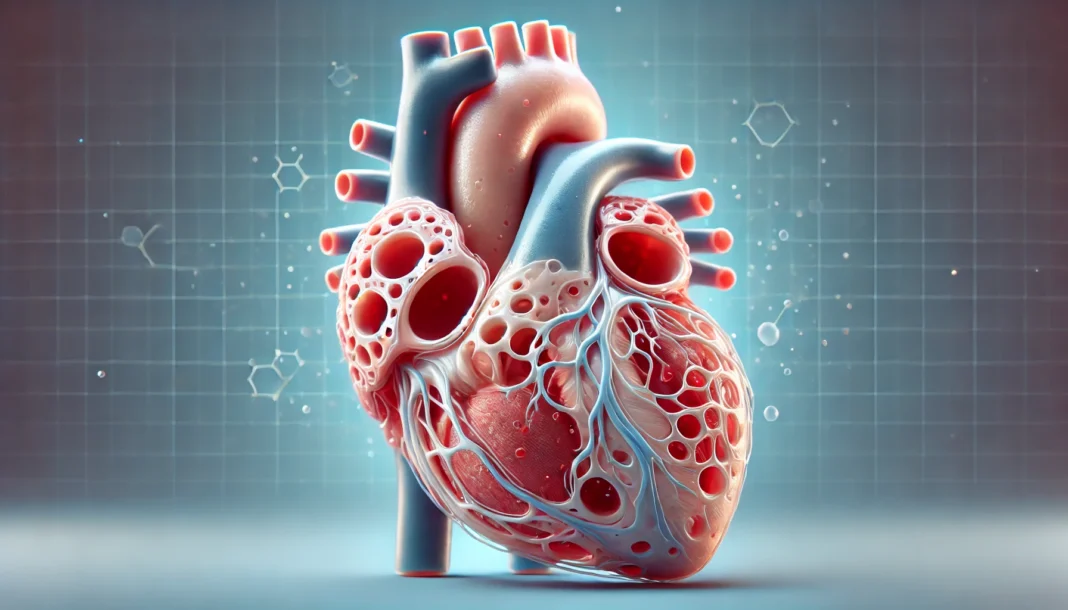 A highly detailed 3D-rendered medical illustration of a human heart affected by congenital heart defects. The heart appears semi-transparent, revealing internal structural abnormalities such as holes in the walls, malformed valves, and irregular blood vessels. The background features a medical-themed blue gradient with subtle scientific elements, emphasizing the anatomical details of the heart.