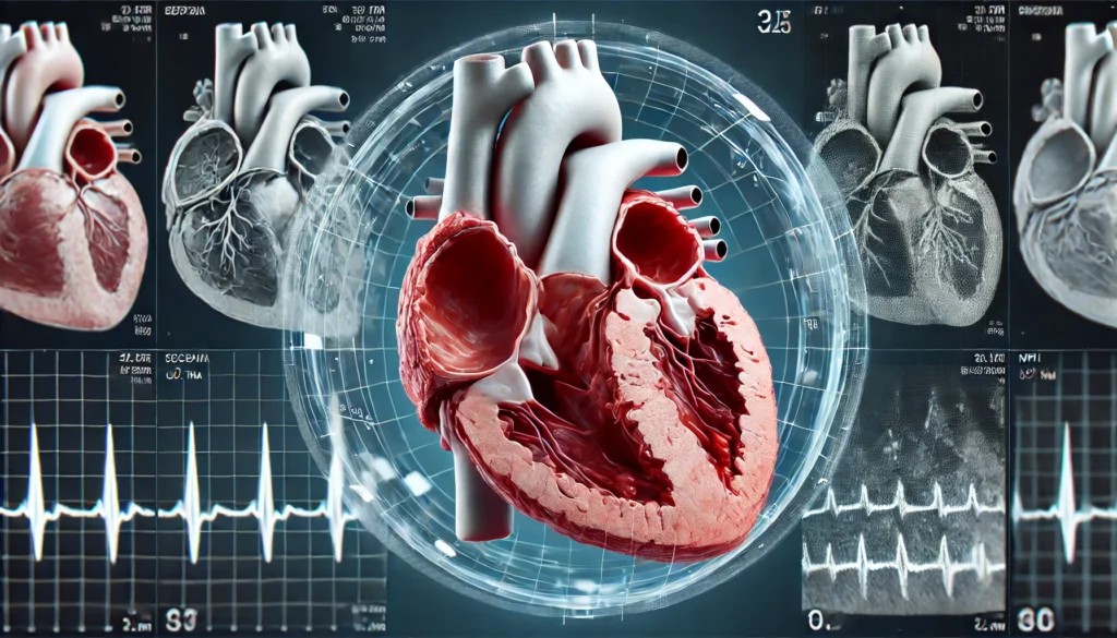A cross-sectional 3D-rendered medical scan of an adult heart affected by congenital heart disease, featuring diagnostic imaging like an echocardiogram or MRI with visible structural defects.