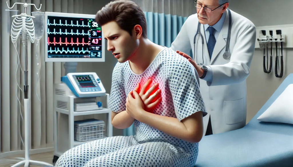 A realistic depiction of an adult experiencing congenital heart disease symptoms, such as shortness of breath and chest pain, while being examined by a doctor in a hospital setting with medical monitors.