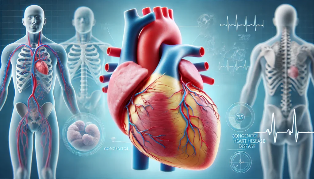 A detailed 3D-rendered medical illustration of an adult human heart with congenital heart disease, highlighting structural abnormalities such as holes in the heart walls, malformed valves, or irregular blood vessels.
