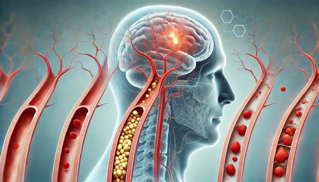 An anatomical cross-section illustration showing the gradual progression of carotid artery disease, from a healthy artery to one fully blocked with cholesterol plaque, highlighting the impact on blood flow to the brain.