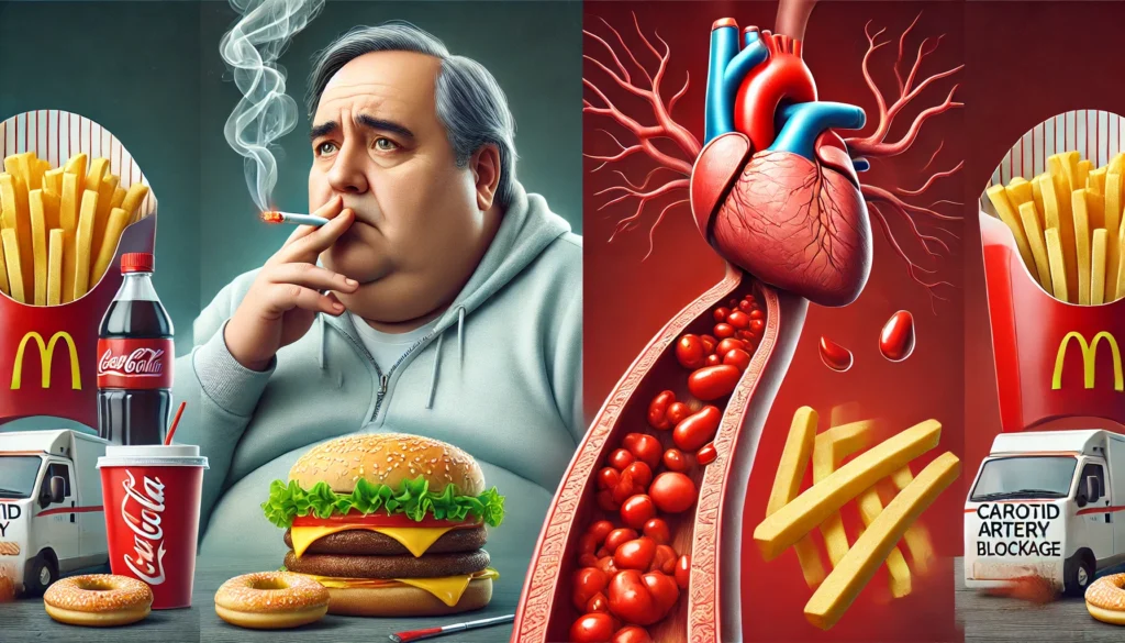 A split-image showing an overweight man smoking and eating unhealthy food on one side, and a close-up of a clogged artery with cholesterol plaque on the other.