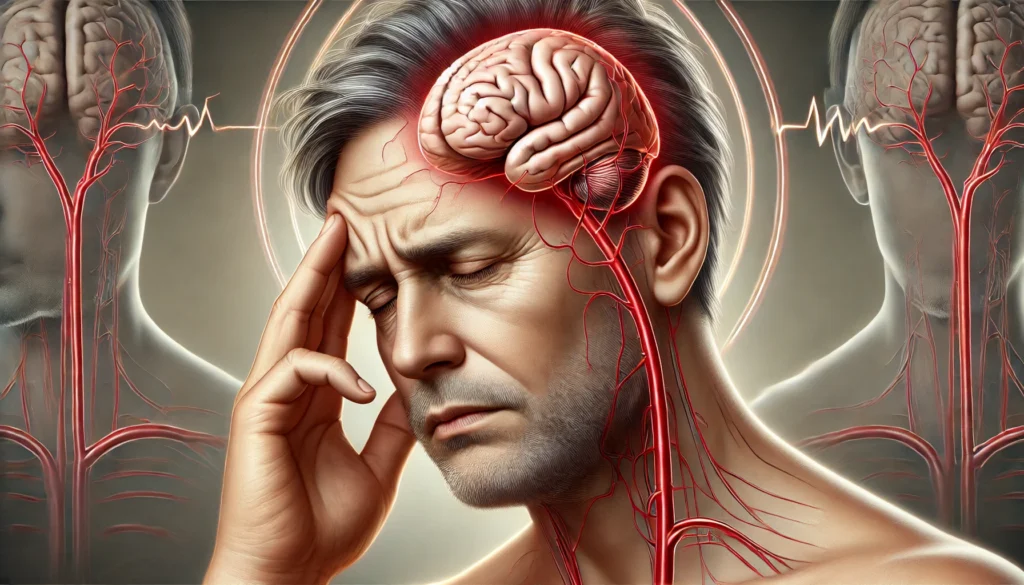 A realistic depiction of a middle-aged man experiencing a transient ischemic attack (TIA) with facial drooping and dizziness, symbolizing early stroke symptoms.