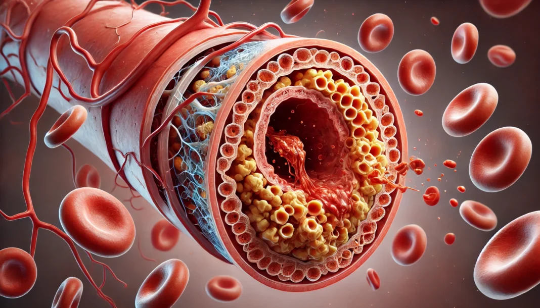 A detailed medical illustration of a partially blocked carotid artery with cholesterol plaque buildup, narrowing blood flow in the artery.