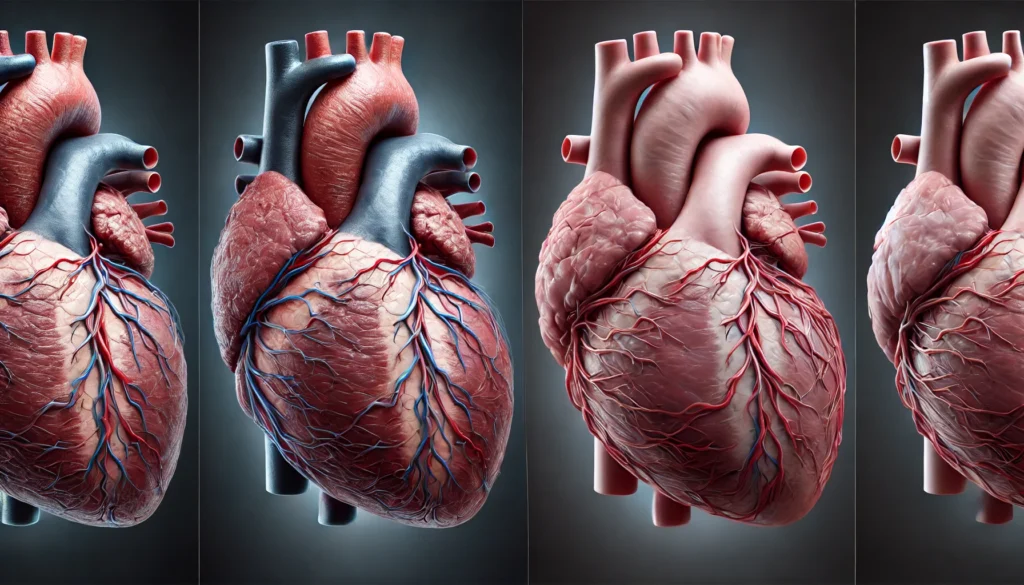 A detailed medical illustration comparing an enlarged heart (cardiomegaly) to a normal heart, highlighting the increased size of the heart chambers and thickened walls.