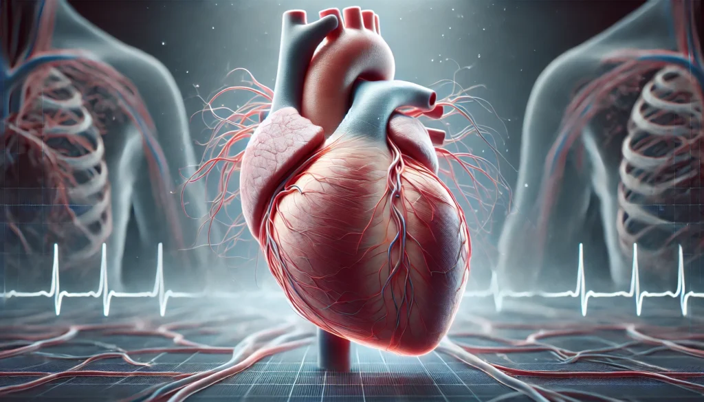 A realistic 3D-rendered depiction of an enlarged human heart positioned against an anatomical backdrop. The heart is connected to a faint electrocardiogram (ECG) line, highlighting its function within the circulatory system.